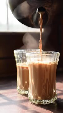 "Cutting chai being poured from a kettle into small glasses, steam swirling, warm tones, high-quality cinematic shot"