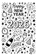 Happy new year 2026. Black doodle lettering on white background. Lettering design for poster, banner, prints.