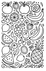 Doodles of various fruit collections. healthy food sketches black and white illustrations. Natural tropical fruit, doodles citrus orange and vitamin lemon.
