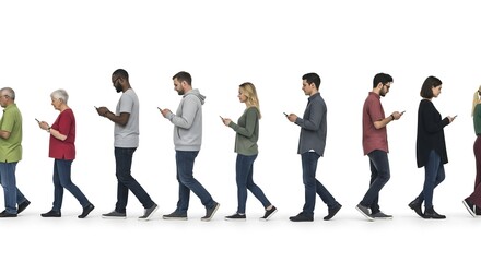 Obraz premium A diverse group of people are walking in a line, looking down at their phones. Isolated on a white background.