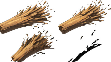 Splintered wooden logs with sharp edges on a clean white backdrop