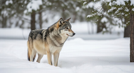 Naklejka premium A magnificent gray wolf standing attentively in the deep snow of a serene winter forest wilderness.