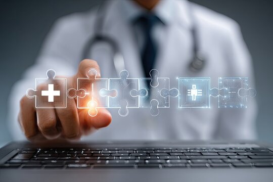 Doctor interacts with digital medical puzzle pieces