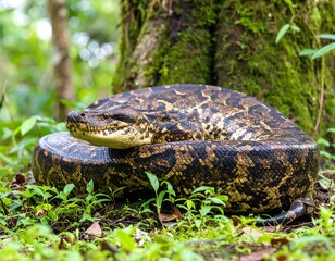 Naklejka premium Large snake coiled in forest