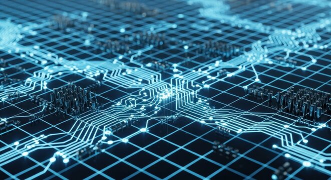 Glowing circuit board with blue light trails, representing technology and connectivity on a dark grid background, ideal for digital solutions