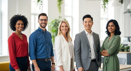 Fototapeta premium Diverse group of smiling professionals in an office setting. They appear confident and represent a modern, inclusive workplace culture.