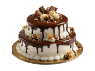 Decadent two tier chocolate drip cake with nuts and popcorn cream, Isolated, Png Transparent Background