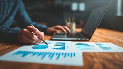 Businessman at office desk analyzing financial data chart and report with laptop - Powered by Adobe