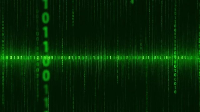 A digital display shows binary code with green zeros and ones on a dark background