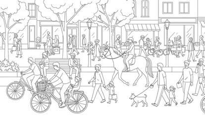 Obraz premium Busy city scene: people walking, biking, and riding a horse. Buildings line the street with trees and benches. Black and white line drawing style.