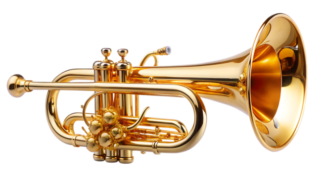 high quality stock photo of a golden trumpet isolated on white background PNG , AI   GENERATED