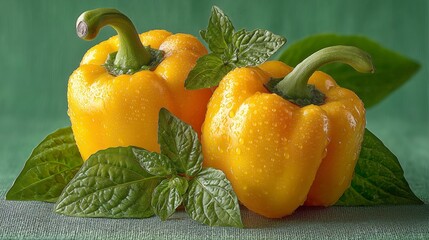 yellow pepper on green background with tomato leaves and harsh shadows