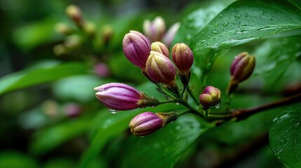 Obraz premium Close-up of delicate pink and yellow flower buds on a leafy branch