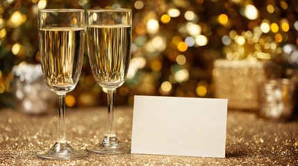 Celebratory wine glasses and a blank card on a festive party table