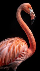 Close up of a beautiful pink flamingo with its long neck and beak