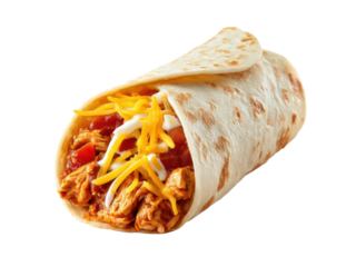 Delicious chicken burrito with shredded cheese and salsa tortilla, Isolated, Png Transparent Background