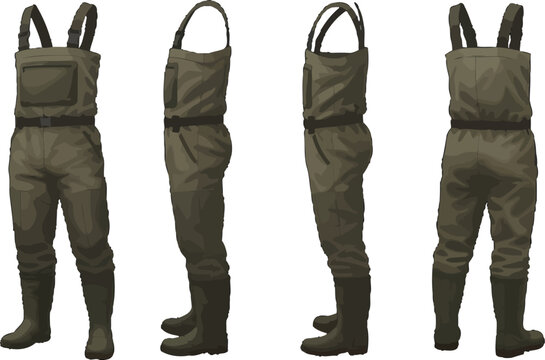 Illustration of chest waders in various views, ready for outdoor adventures