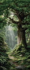 Sunlit forest path winds through moss-covered rocks and ancient trees