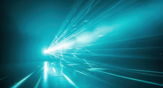 Turquoise light streaks with motion blur effect, representing speed, technology