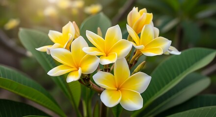 Vibrant Yellow and White Plumeria Flowers in Bloom