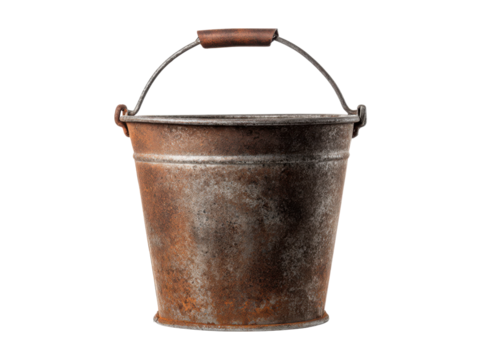 Rusty metal bucket with wooden handle weathered, Isolated, Png Transparent Background
