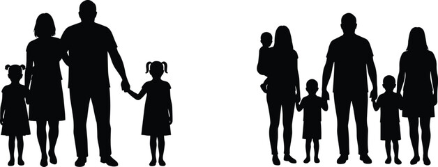 Silhouette of families with children, parents holding hands, love, unity, bonding, parenting, relationship, care, support, happiness, togetherness, family illustration