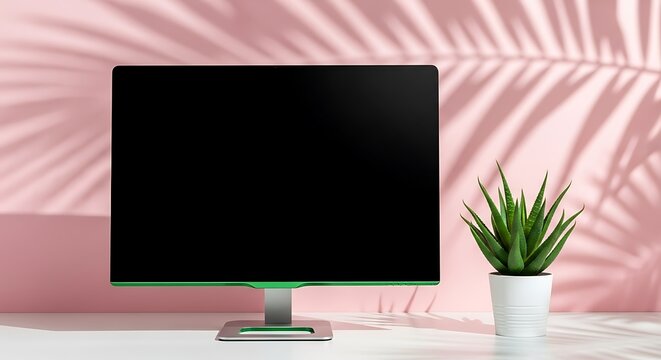 Photo of modern computer monitor with succulent plant on a pink background