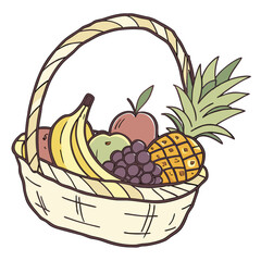 Assortment of fresh fruits in a woven basket isolated on white background