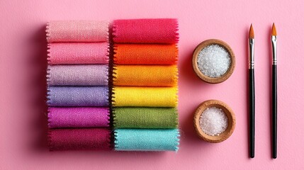 Colorful fabric swatches, paintbrushes, and salt