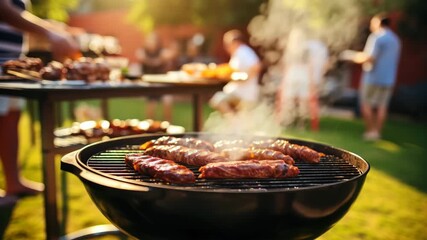 A vibrant video still of a backyard BBQ, shot from a low angle, showcasing sizzling meats on a grill with a blurred social gathering in the background.