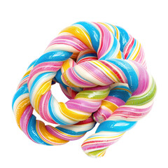 Colorful twisted hard candy.  A close-up view of a cluster of intertwined, rainbow-striped hard candies.  Vibrant colors swirl in intricate patterns.  The candy appears glossy and smooth