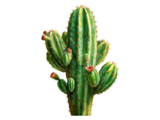 Tall green cactus with red flowers and yellow spines plant succulent, Isolated, Png Transparent Background