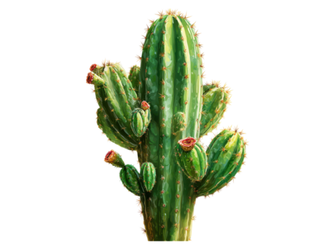 Tall green cactus with red flowers and yellow spines plant succulent, Isolated, Png Transparent Background