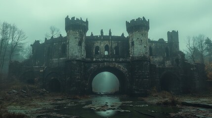 Massive abandoned castle with a collapsed bridge, remnants of a forgotten empire