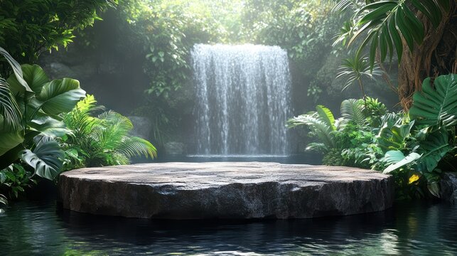 Exotic natural setting with a floating stone podium, rippling water, and lush tropical plants
