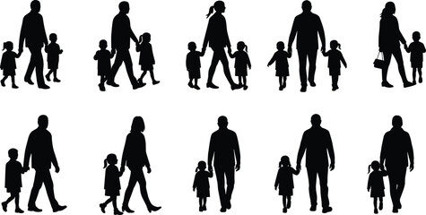 Family silhouettes walking, parents with children holding hands, black and white vector people icons, father mother daughter son, outdoor walking poses illustration