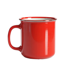 Bright red enamel mug on a white background perfect for outdoor adventures and cozy indoor moments