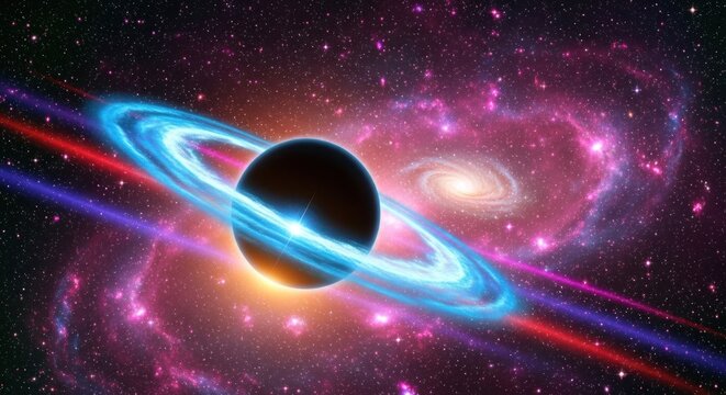 Black Hole with Accretion Disk in a Colorful Nebula, Deep Space Phenomenon, and Cosmic Event Horizon