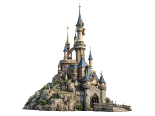 Majestic fantasy castle perched atop rocky terrain with blue spires and ornate architecture stone, Isolated, Png Transparent Background