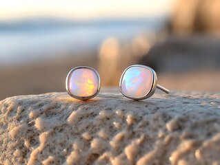 Silver stud earrings with opalescent inlays resting on frosted glass