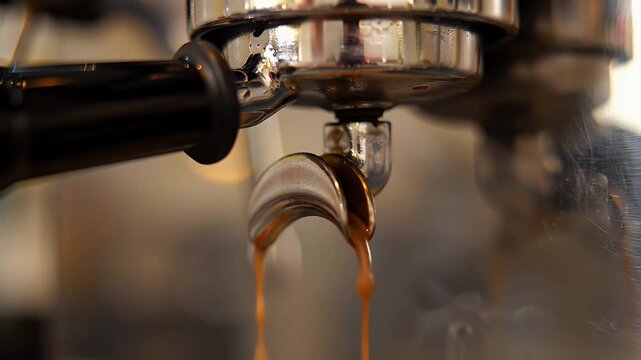 Eye Level Close Up of Golden Brown Espresso Flowing From a Chrome Portafilter Creating an Aromatic Cafe Ambiance Perfect for Culinary Content and Coffee Shop Promotion a Deep Dive into Coffee Brewing