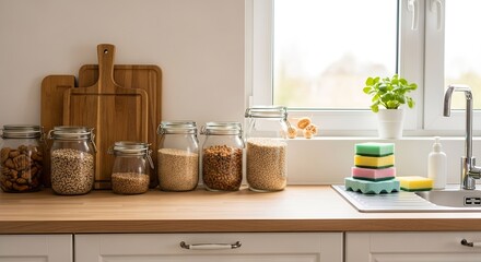 Modern kitchen workspace with organized jars and vibrant decor for efficient meal prep and cooking