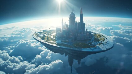Spectacular aerial view of a futuristic city on a floating platform amidst clouds - Powered by Adobe