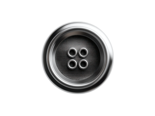 Metallic circular fastener with four holes on dark fabric image, Isolated, Png Transparent Background