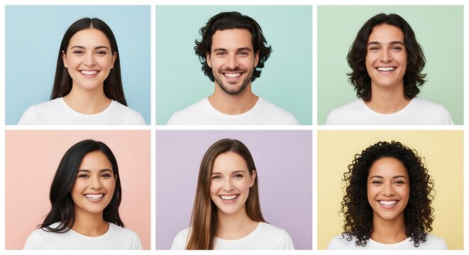 A collage of headshots featuring six smiling individuals with diverse appearances, all wearing white shirts and against pastel backgrounds.