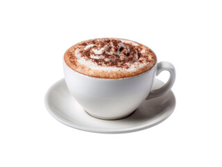 Creamy cappuccino with chocolate dusting on white saucer coffee drink, Isolated, Png Transparent Background