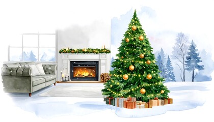 Watercolor Christmas scene with fireplace and tree