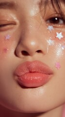 Fototapeta premium Close-up of a beautiful woman with star stickers, perfect for beauty and skincare promotions