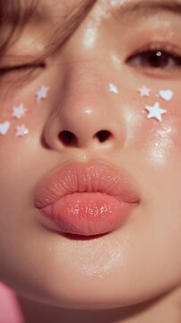 Adorable girl winking with stars on her face makes a kissy face, perfect for beauty ads and youth marketing