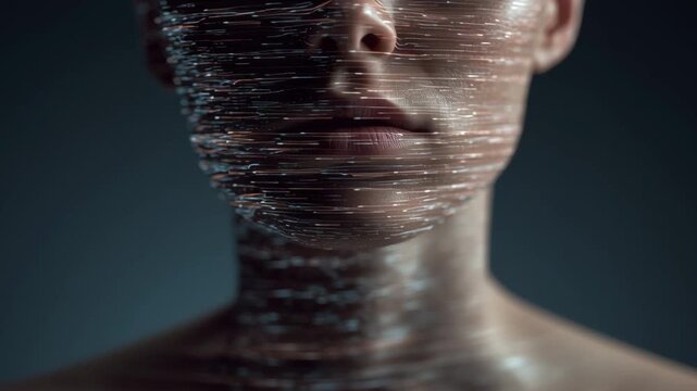 Human face digital light streaks flowing around lips neck glowing lines abstract technology futuristic alien effect dark